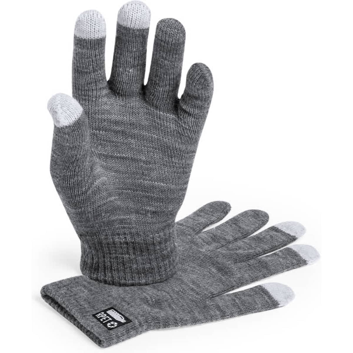 A pair of grey gloves with a textured finish and light grey tips on the fingers, featuring a logo.