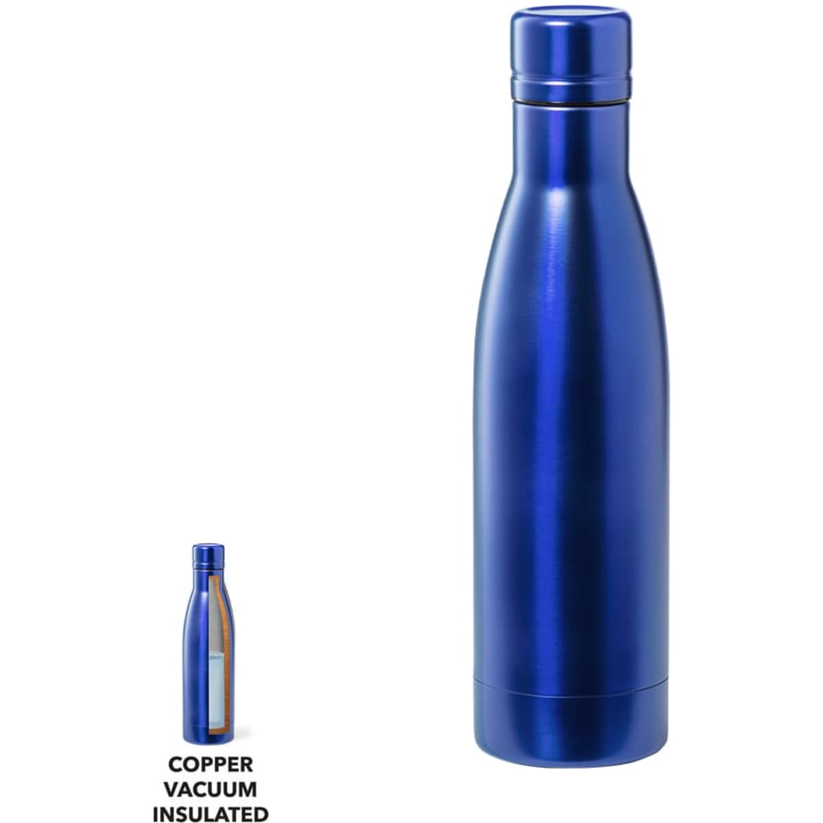 A drink bottle in sleek blue, featuring a copper vacuum insulation and a logo on the body.