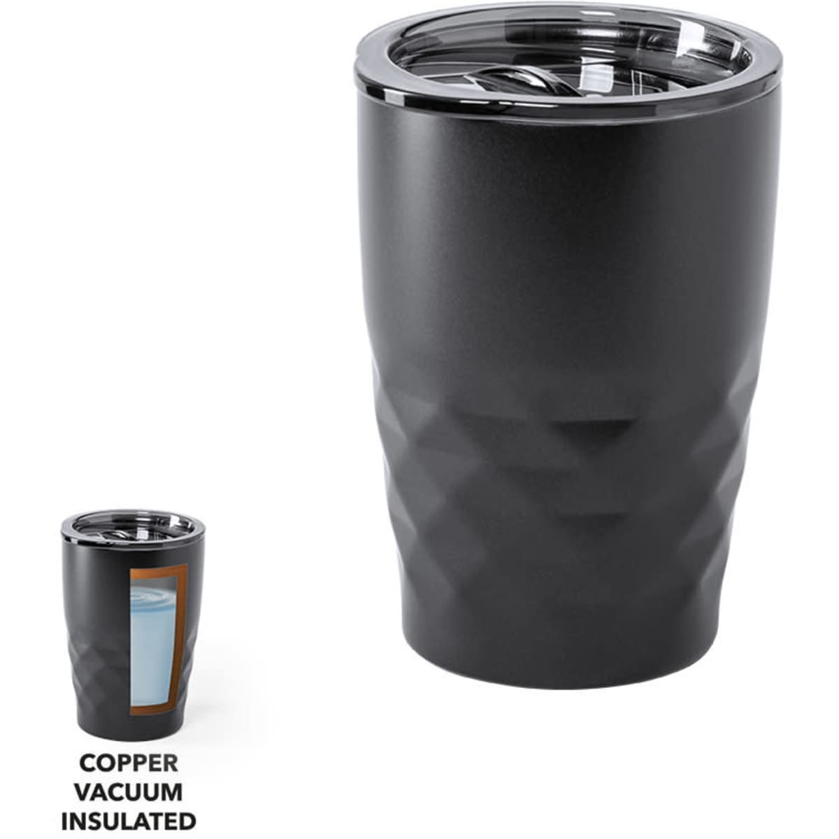 A drink bottle in a sleek black design, featuring a diamond pattern and a clear lid, with a logo on the front.