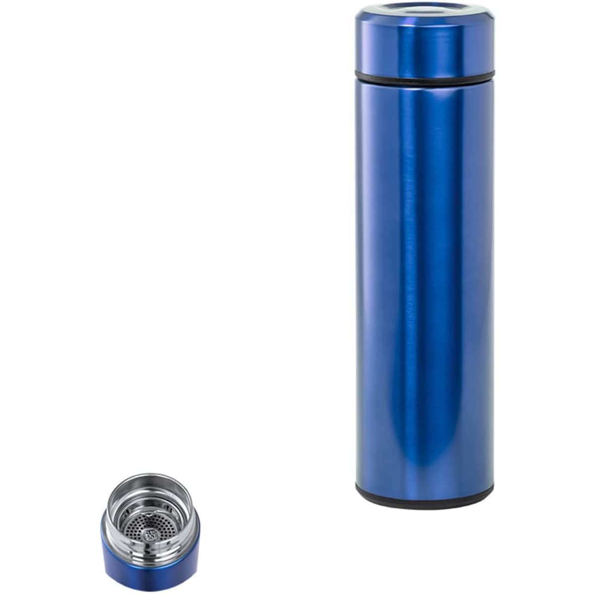 A drink bottle in a vibrant blue colour, featuring a removable lid with a metal filter inside.