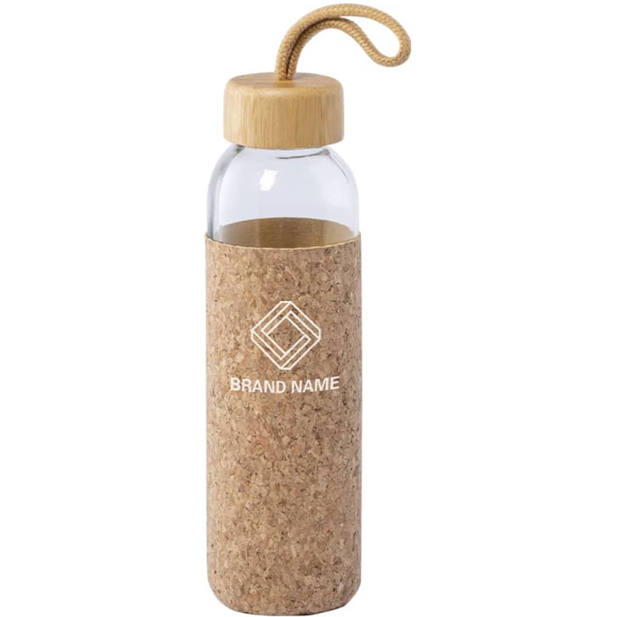 A drink bottle with a cork body and a bamboo cap, featuring a cord for carrying. It has a logo.