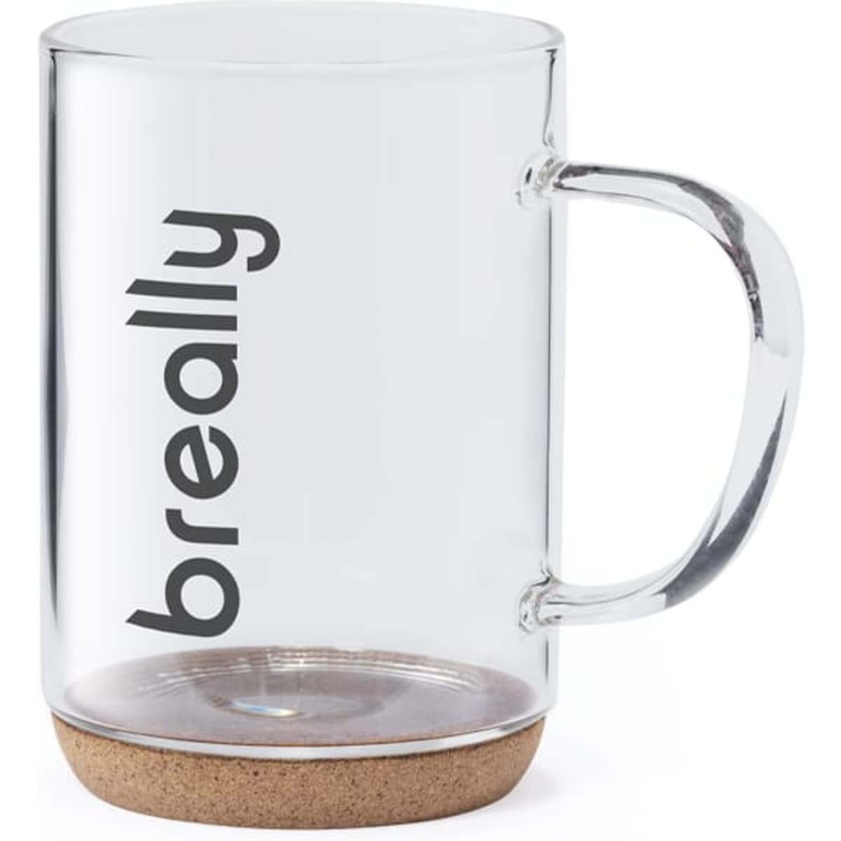 A clear glass coffee mug with a cork base and a handle. Features a logo on the side.