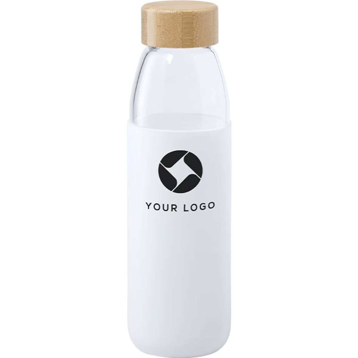 A drink bottle featuring a clear glass body with a white silicone sleeve and a wooden cap, displaying a logo.