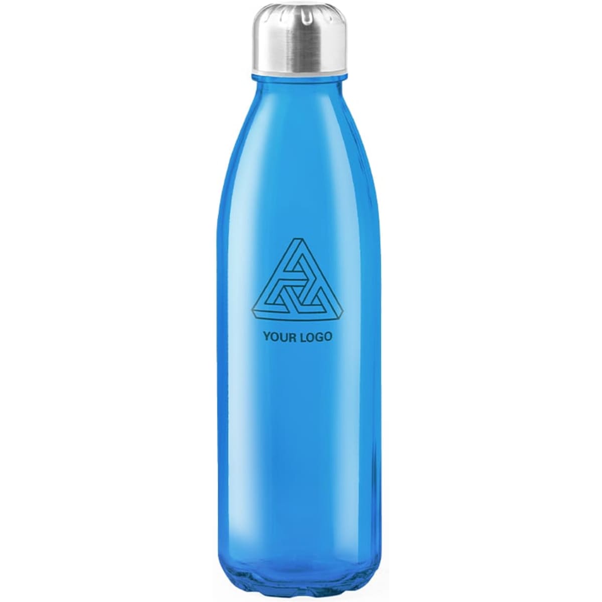 A blue drink bottle with a silver top and a branding logo on the side.