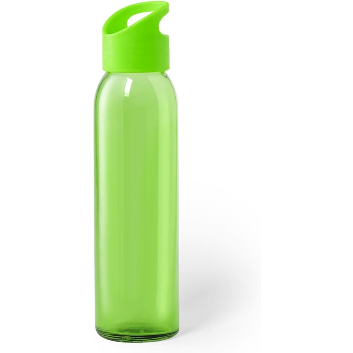 A drink bottle in a vibrant, transparent green with a matching green lid, featuring a logo.