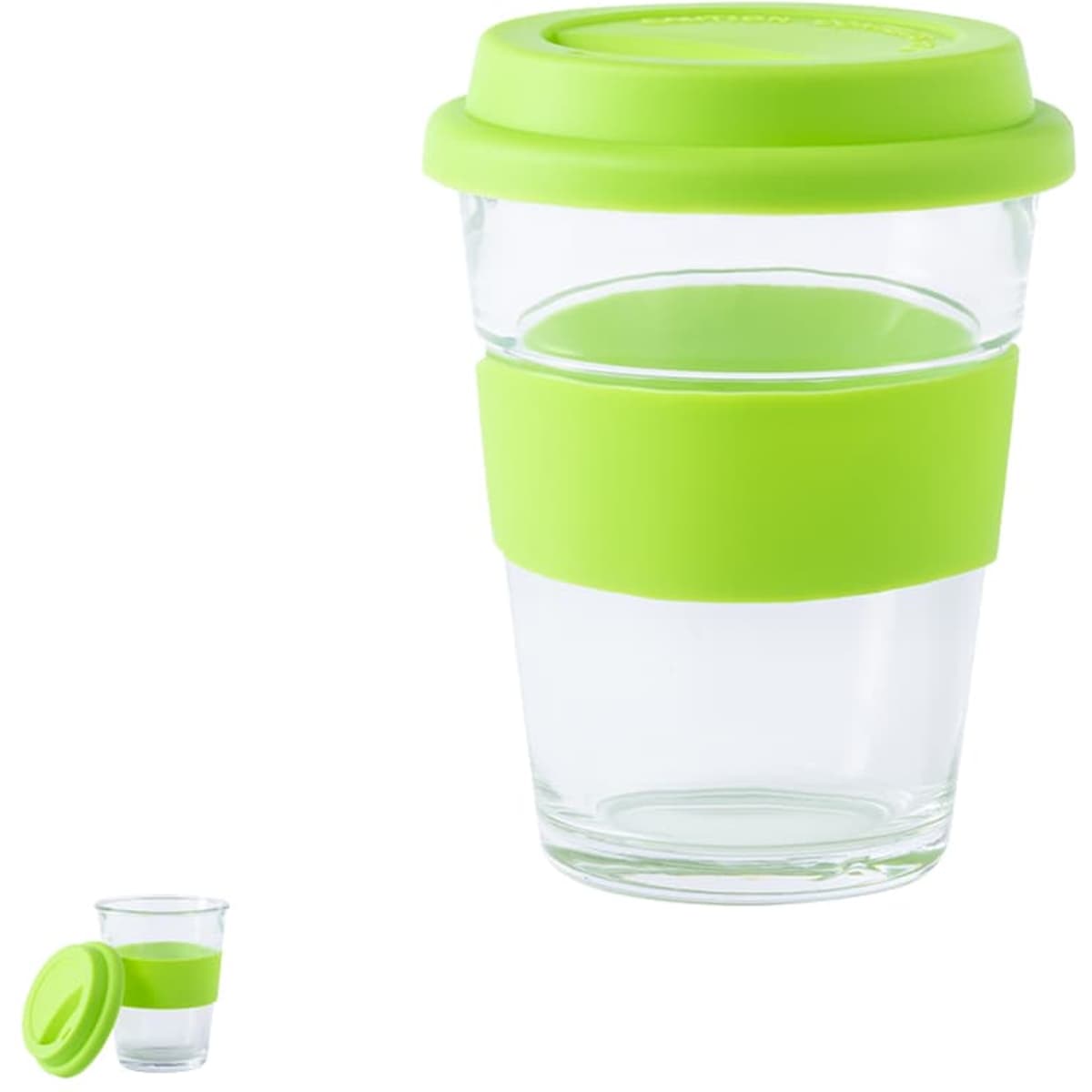 A drink bottle in clear glass with a bright green silicone lid and band, featuring a logo on its surface.