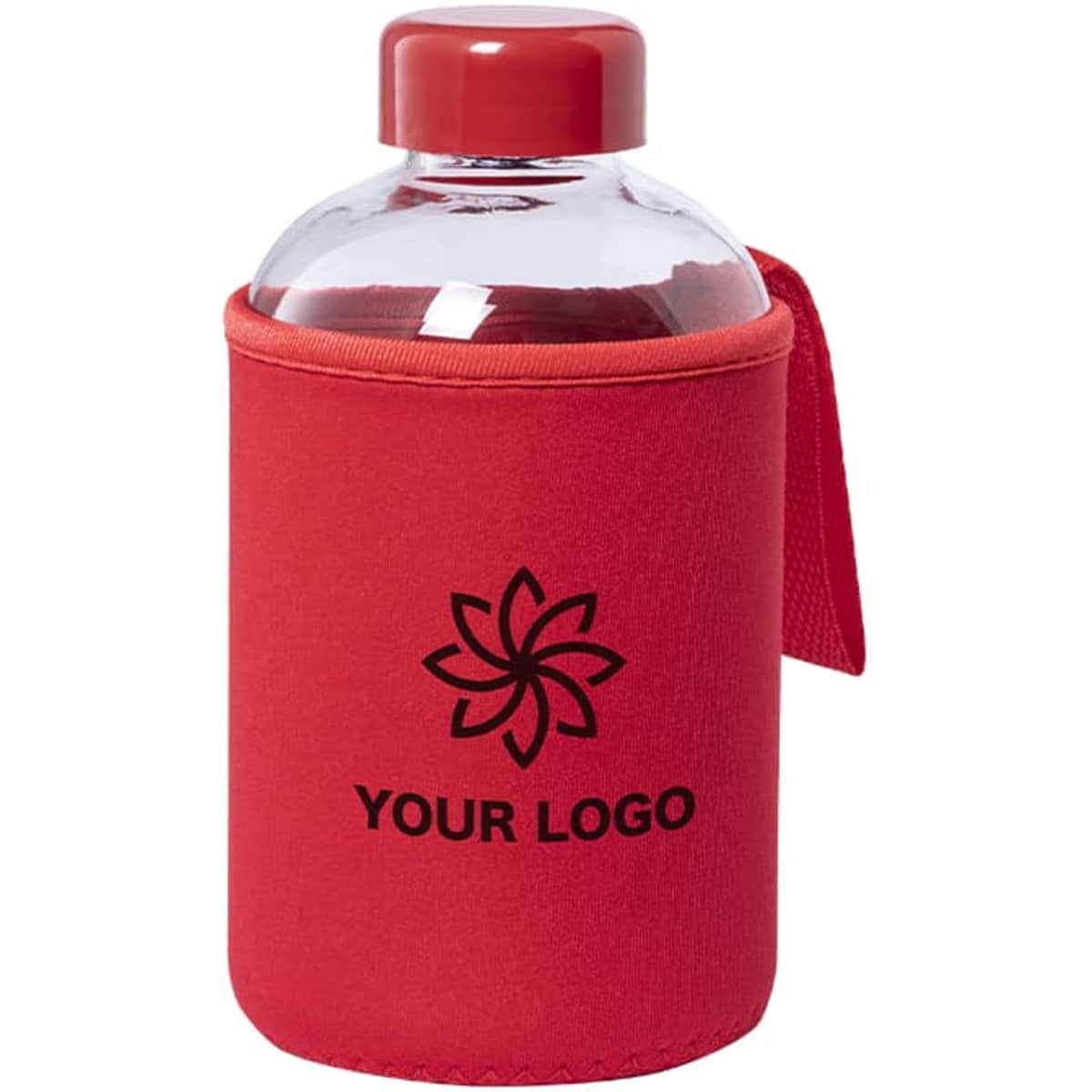 A drink bottle with a clear body, red cap, and a red neoprene sleeve featuring a logo.