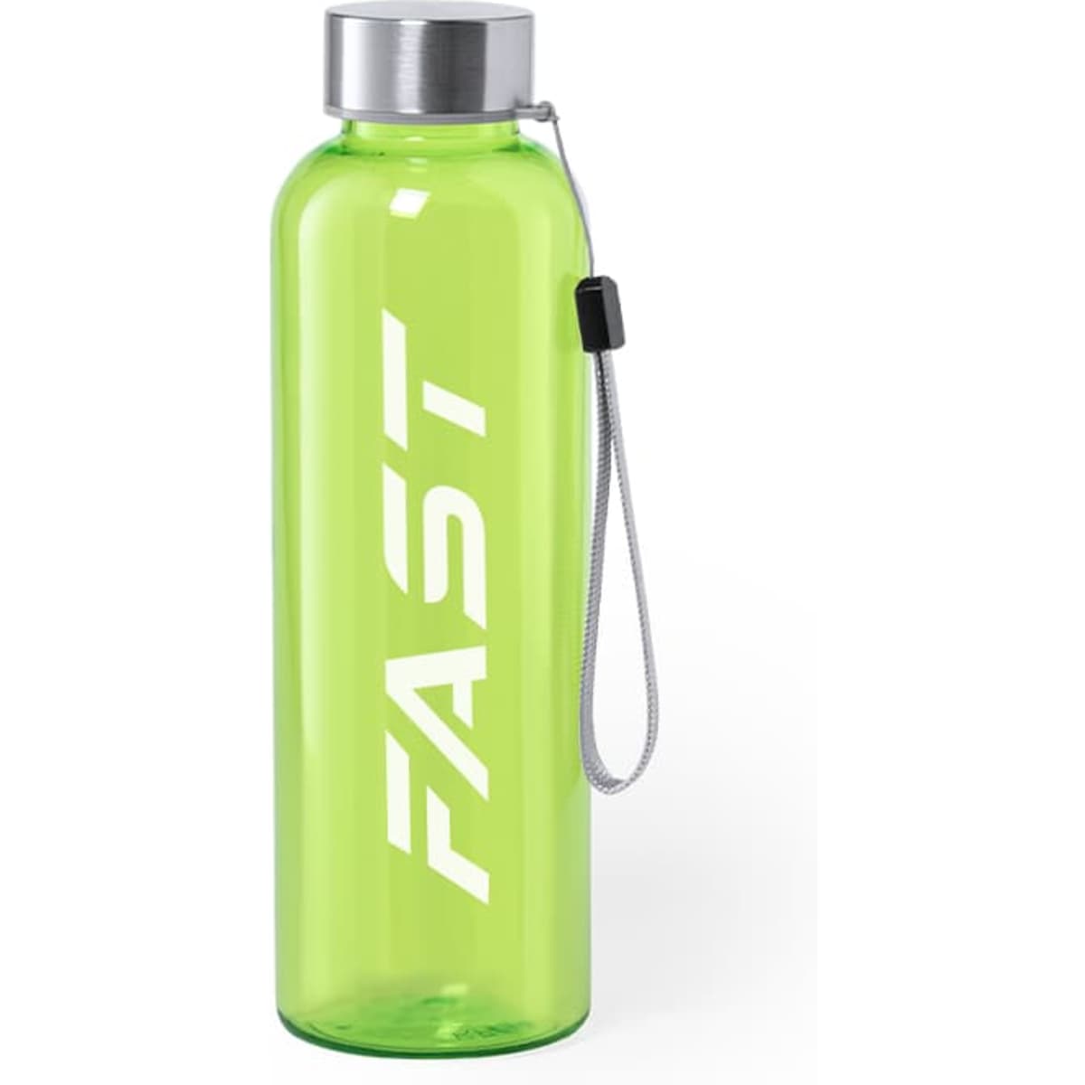 A drink bottle in bright green with a silver lid and a strap, featuring a logo.