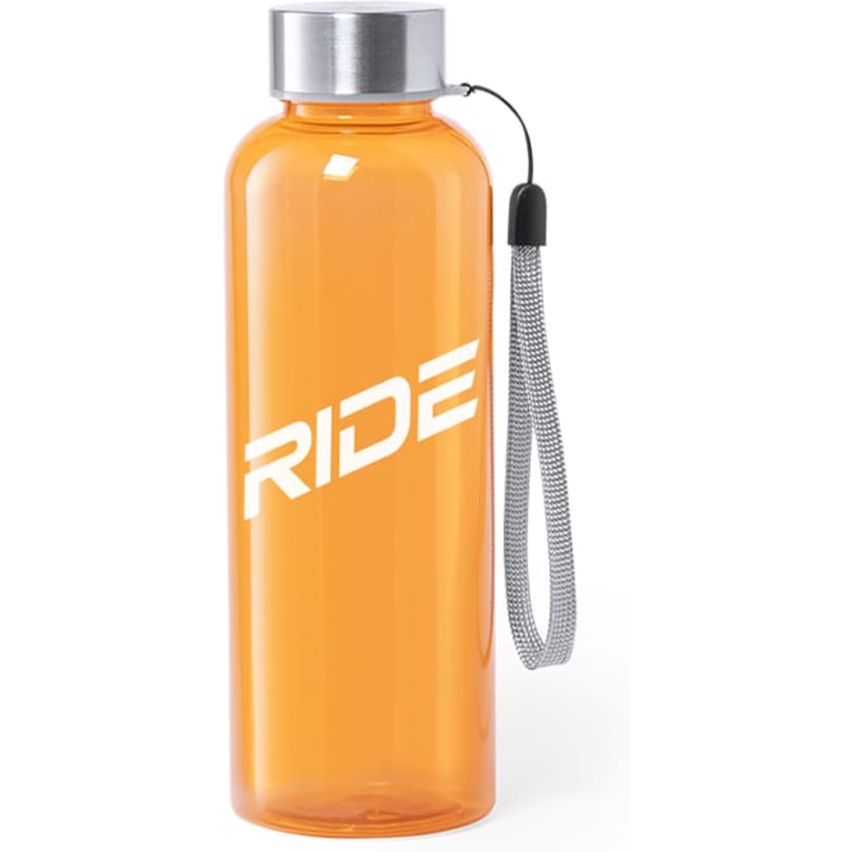 A drink bottle in vibrant orange with a silver lid and a grey strap, featuring a logo on the body.