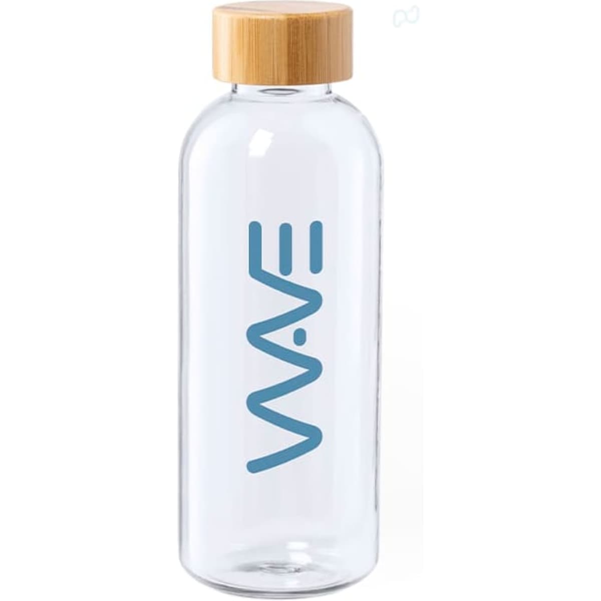 A drink bottle in clear glass with a light blue logo and a bamboo lid.