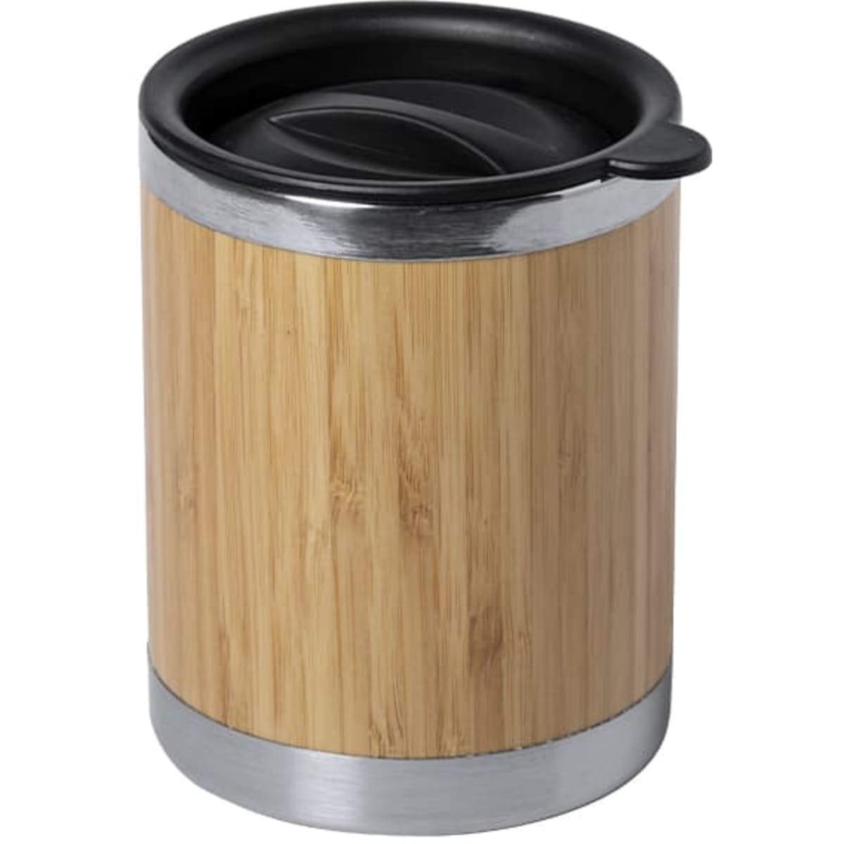 An insulated travel mug featuring a bamboo body and a black lid with a silver band.