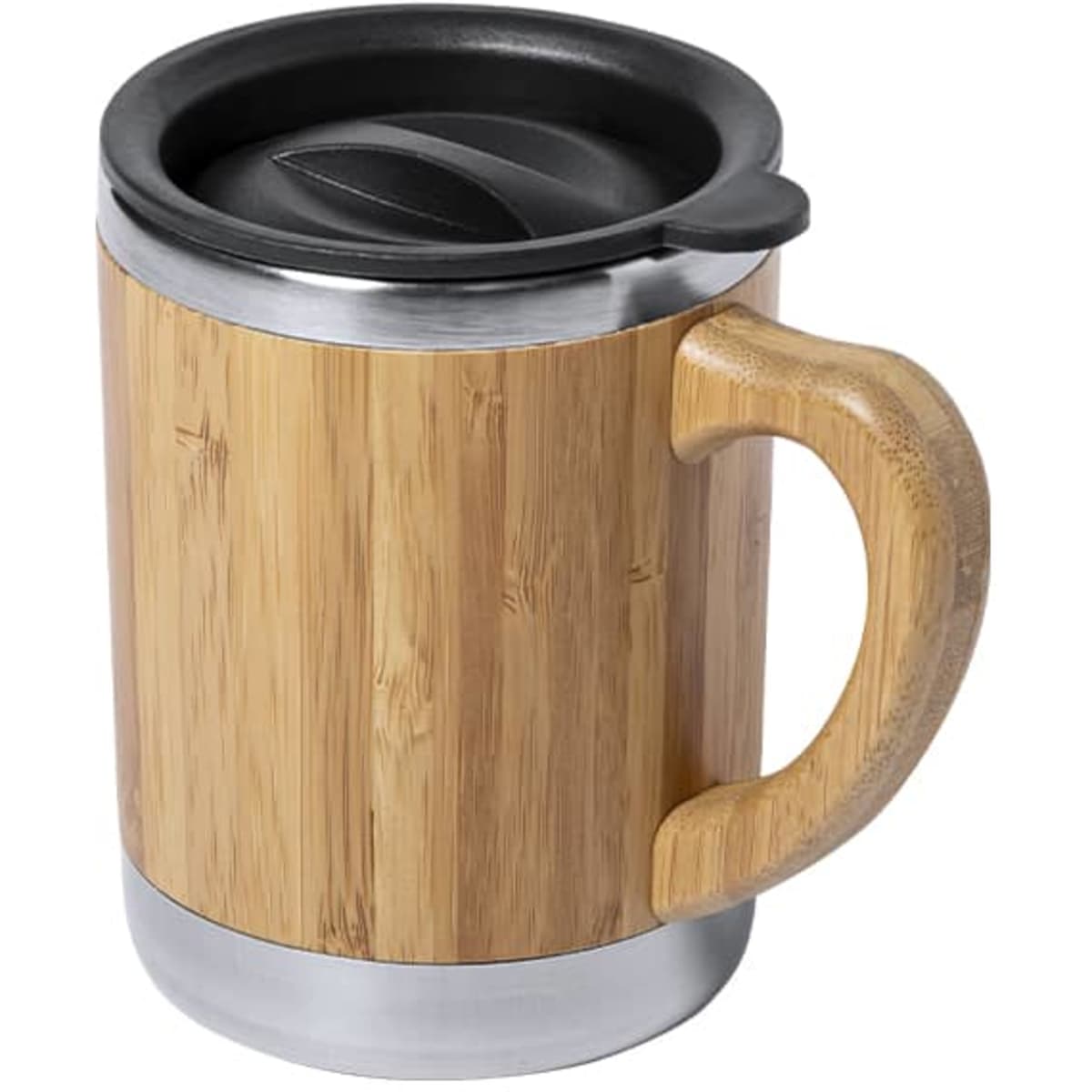 An insulated travel mug featuring a bamboo exterior, stainless steel base, and a black lid with a handle.