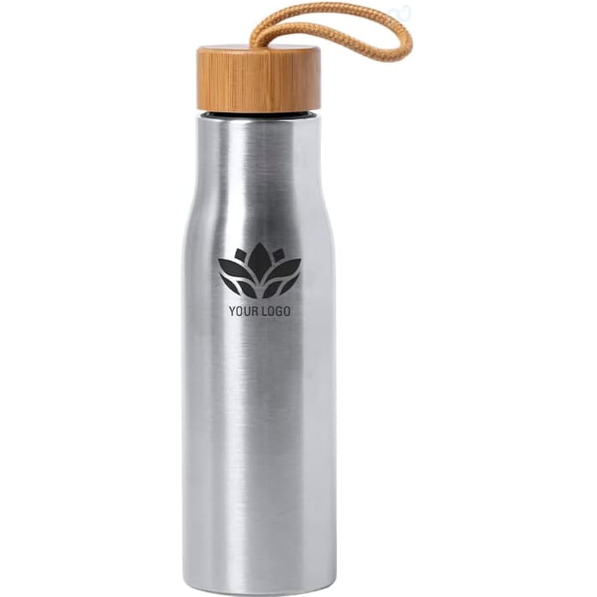 A drink bottle in a sleek stainless steel design with a wooden lid and a cord. It features an embossed logo.