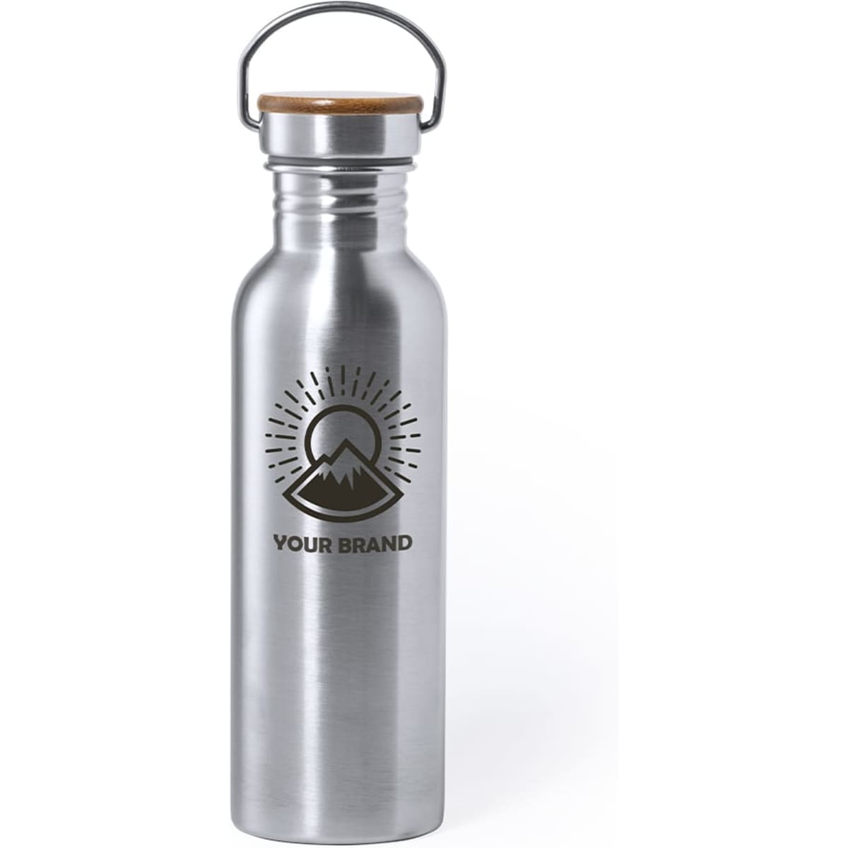 A drink bottle in stainless steel with a wooden lid and a logo, featuring a mountain design.