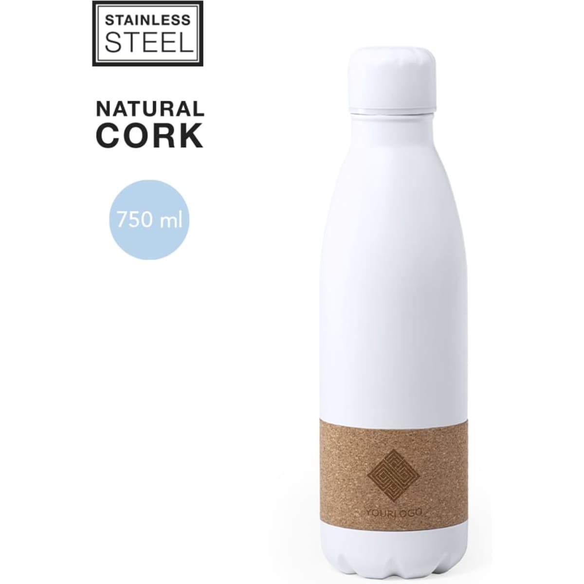 A drink bottle made of stainless steel in white, featuring a natural cork band and a capacity of 750 ml.