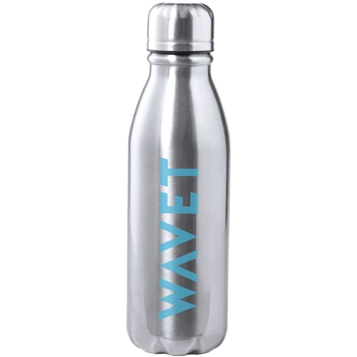 A drink bottle in metallic silver with a blue branding logo. It features a sleek, modern design.