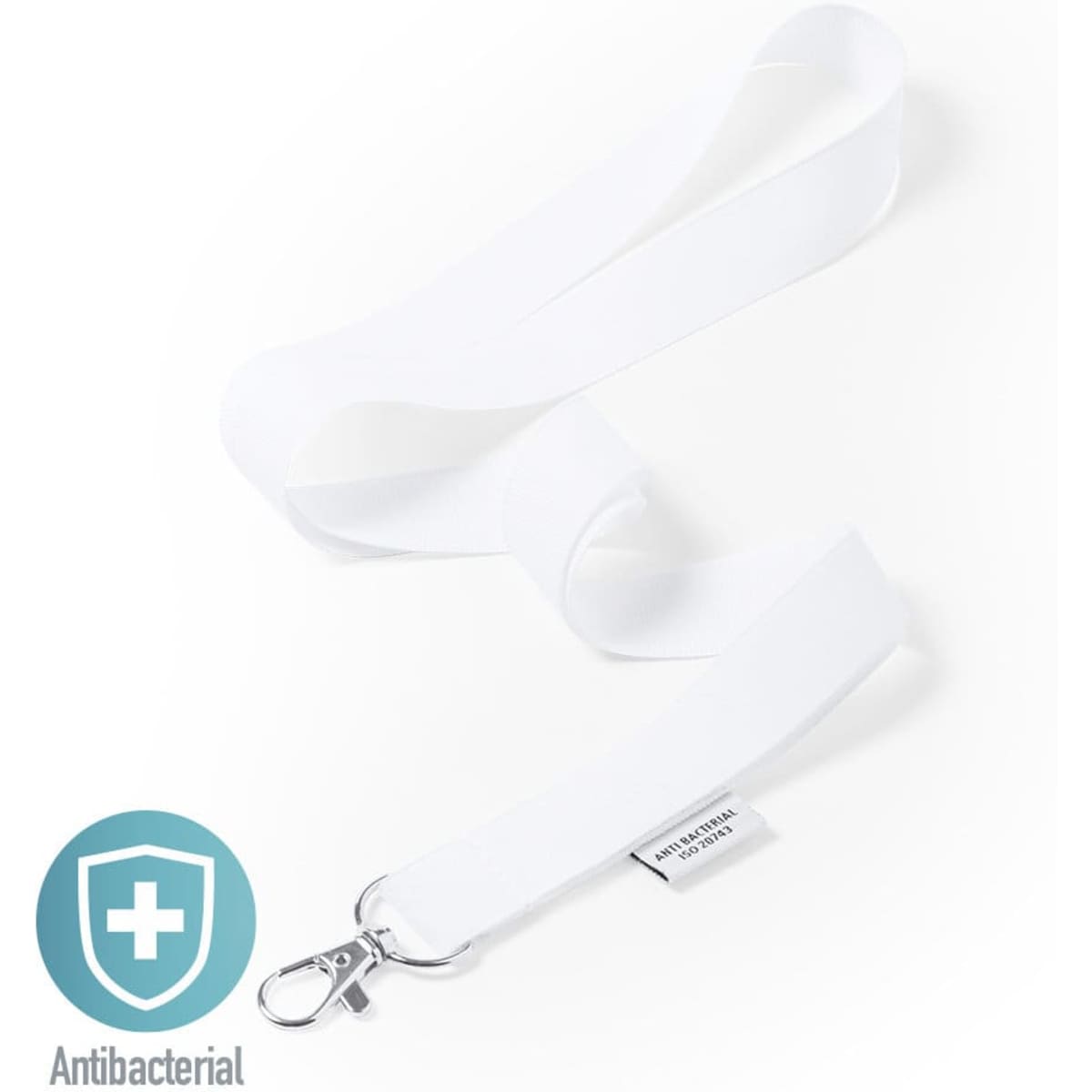 A white antibacterial lanyard with a silver clip and a branding logo. Ideal for events and exhibitions.