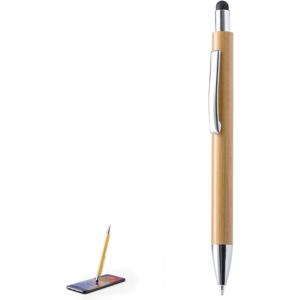 A Zharu ballpoint pen with a bamboo barrel and silver accents, featuring a stylus tip for touchscreen use.