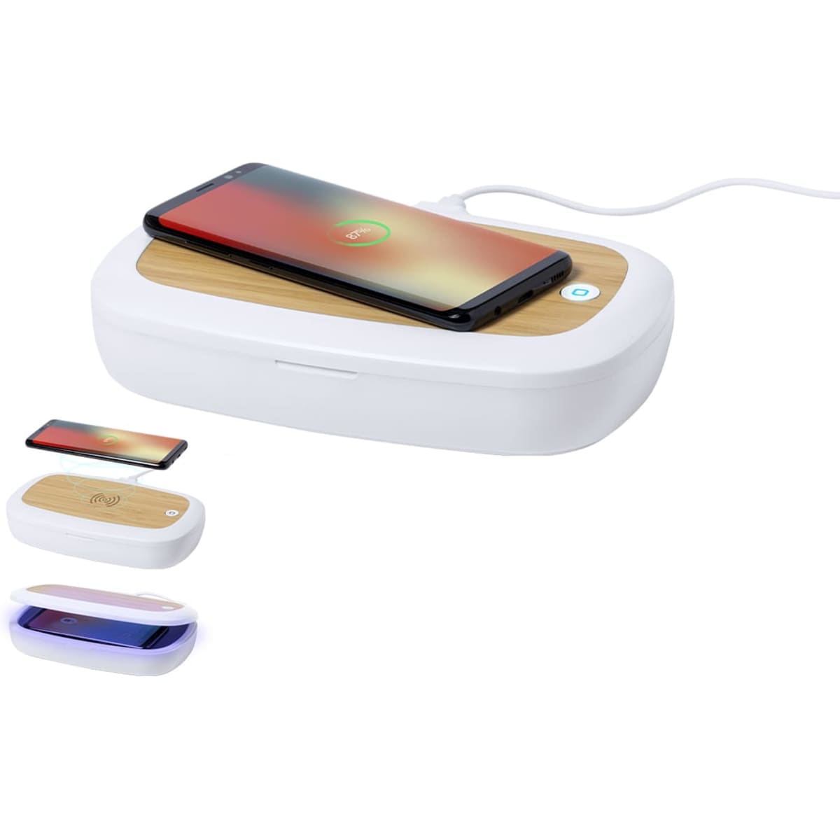 A wireless charger featuring a white body with a bamboo top, alongside smaller charging pads.