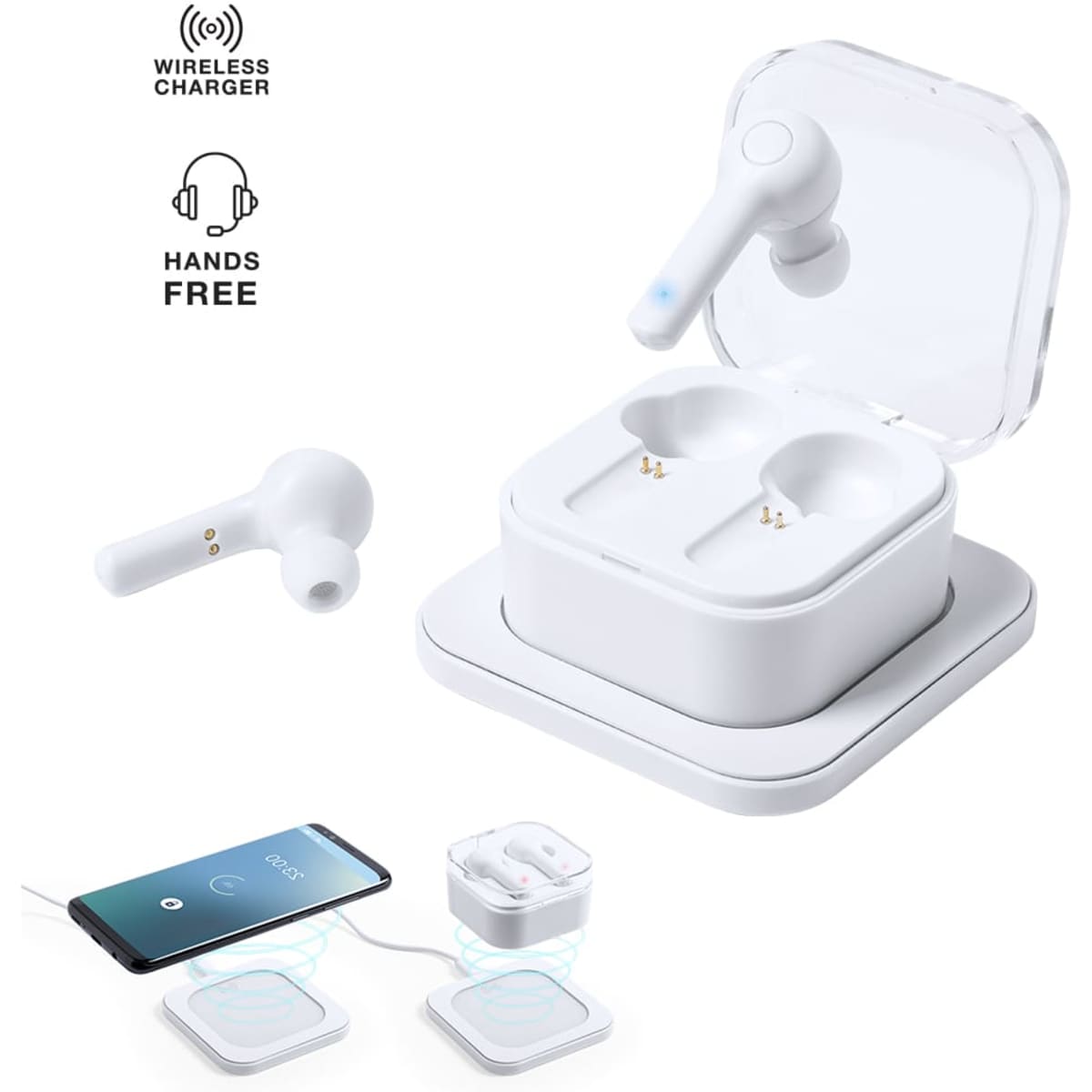 A pair of white earphones in a charging case with a wireless charger and a smartphone nearby.