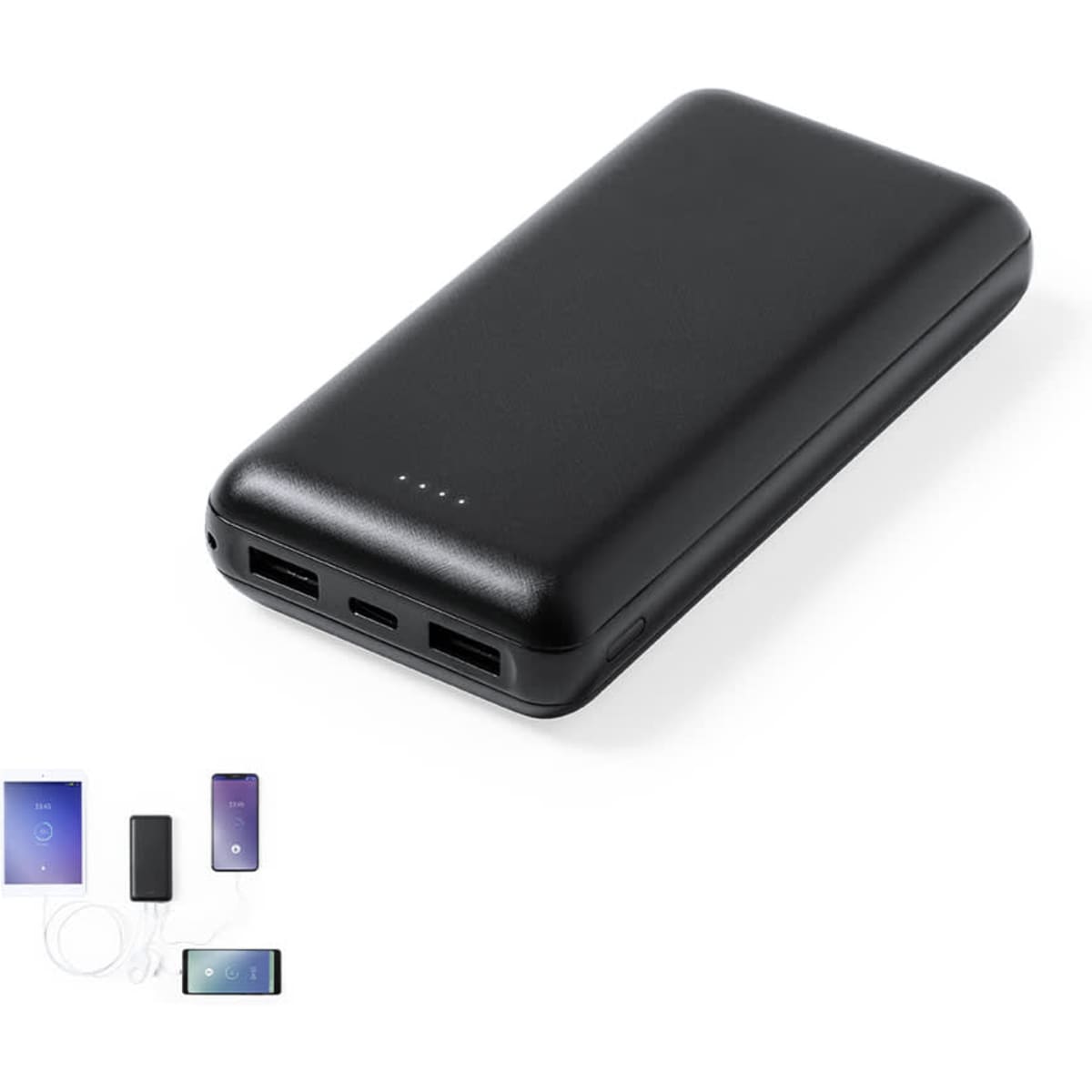 A black power bank with multiple charging ports, featuring indicator lights and a sleek design.