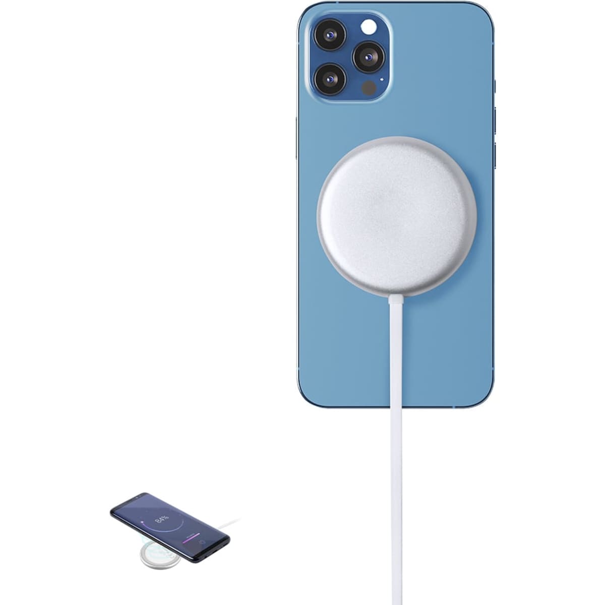 A wireless charger in silver attached to a blue phone, with a white charging cable. Includes branding.