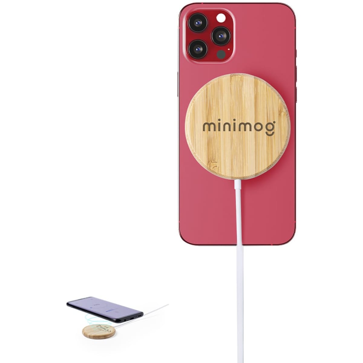 A wireless charger in a bamboo design, positioned against a pink smartphone with a white cable attached.
