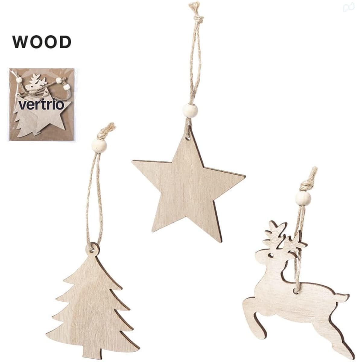 Wooden Christmas decorations featuring a tree, star, and reindeer, all with twine for hanging. Includes a packaged set.