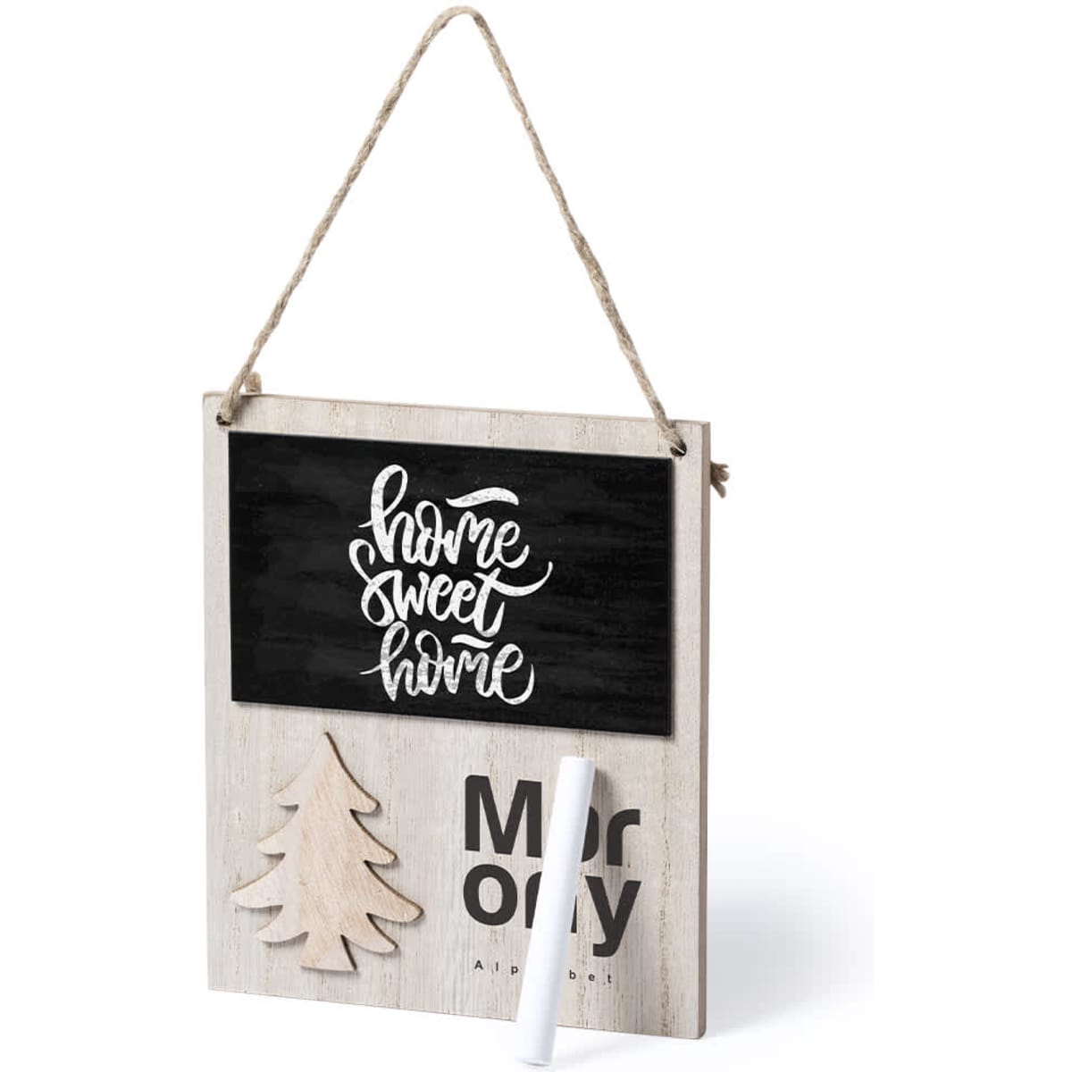 A wooden wall sign featuring a black board with the phrase "home sweet home," and a tree design, complete with a rope hanger.