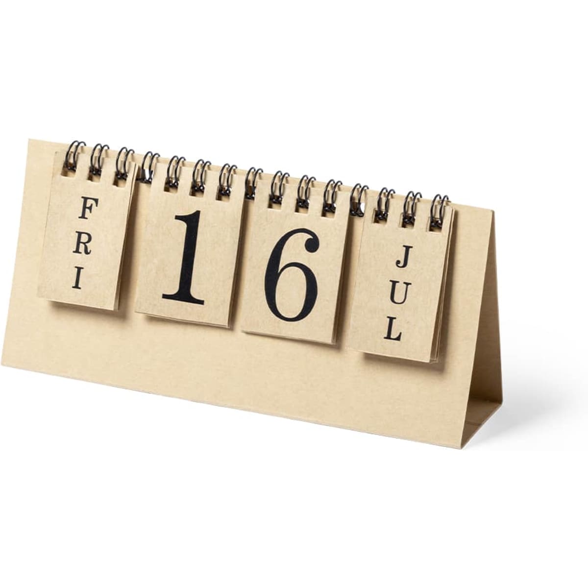 A desk calendar with a beige base and black numerals displaying the date, day, and month in a spiral design.