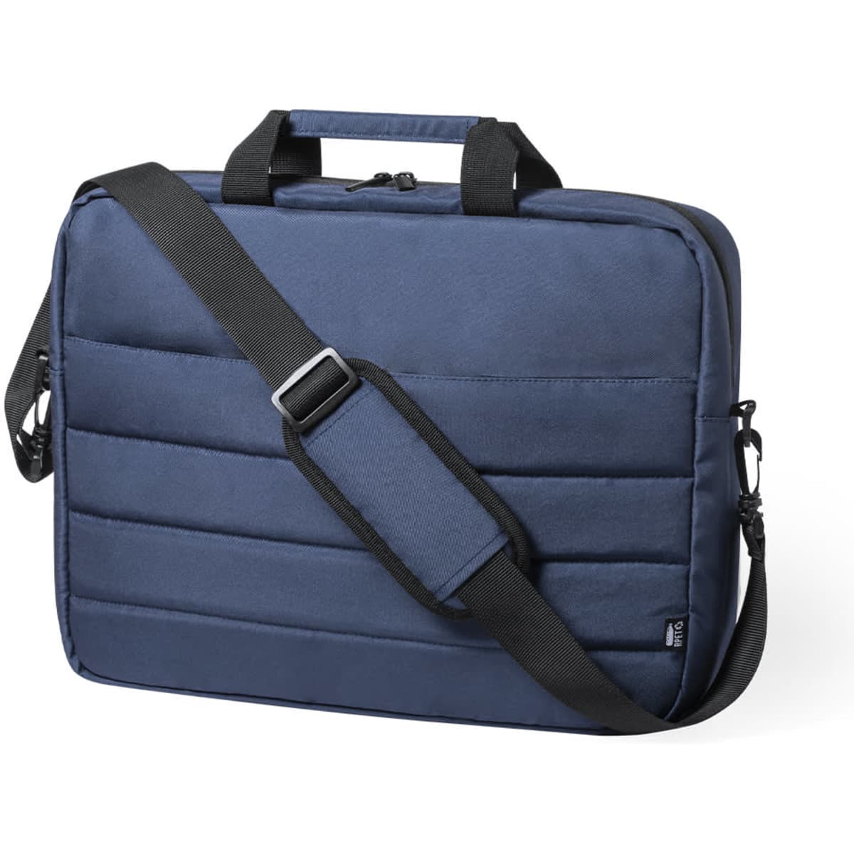 A navy blue laptop bag with a padded design, featuring handles and a detachable shoulder strap. It includes a logo.