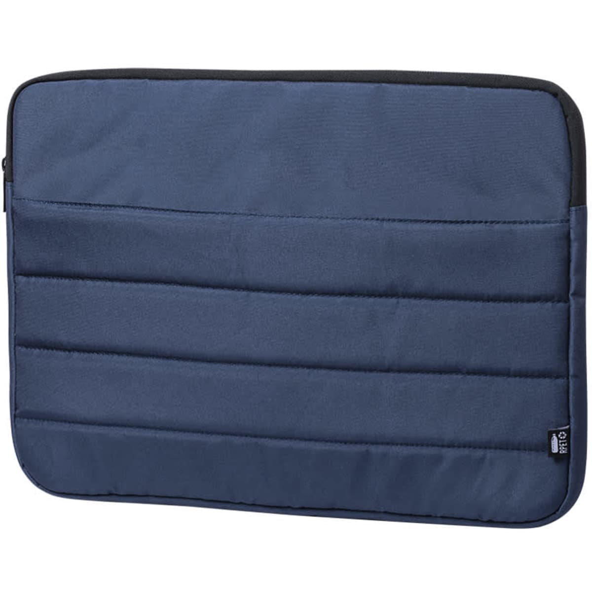A padded navy laptop pouch with a zip closure and a textured surface, featuring a small logo.