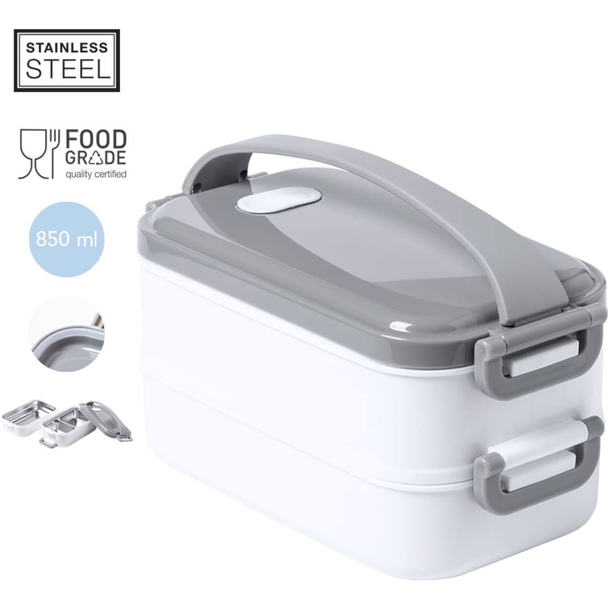 A stainless steel thermal lunch box in white and grey with a handle and clips for secure closure.