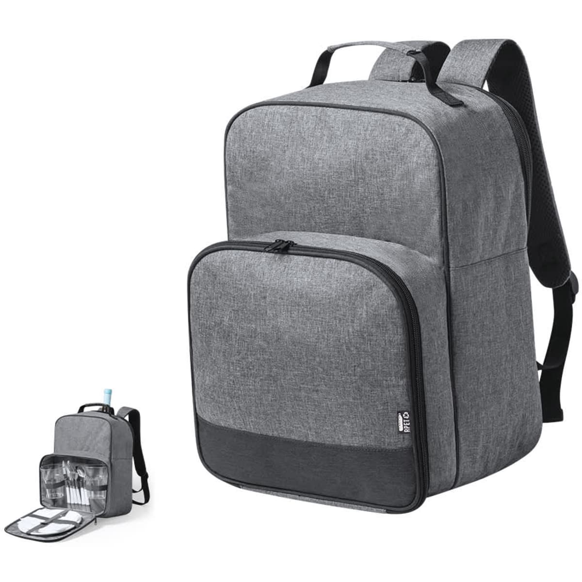 A grey backpack with a front pocket and a small cooler bag beside it. The backpack features adjustable shoulder straps.
