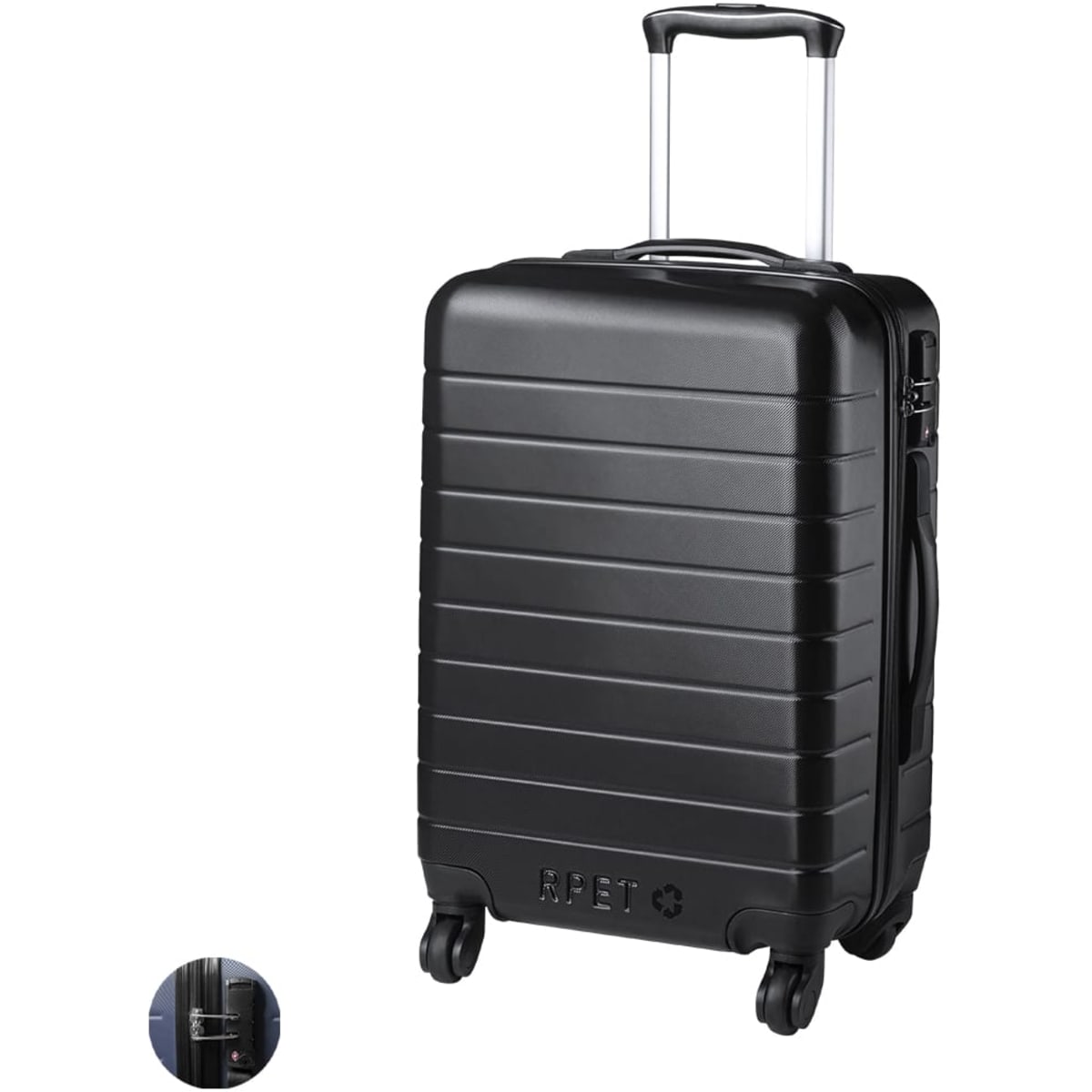 A black wheeled bag with a sleek design and retractable handle, featuring a logo on the front.