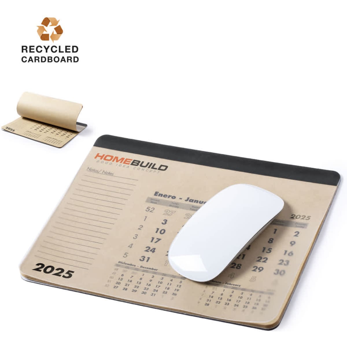 A mousepad calendar featuring a beige design with a smooth white mouse on top, made from recycled cardboard.