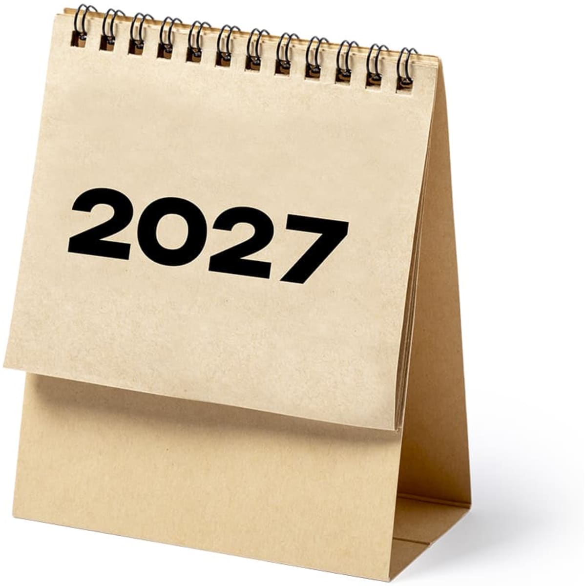 A brown desktop calendar with a spiral binding displaying the year 2027.