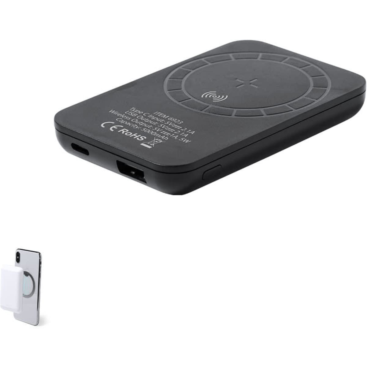 A black power bank featuring wireless charging capabilities, with a simple design and smooth surface.