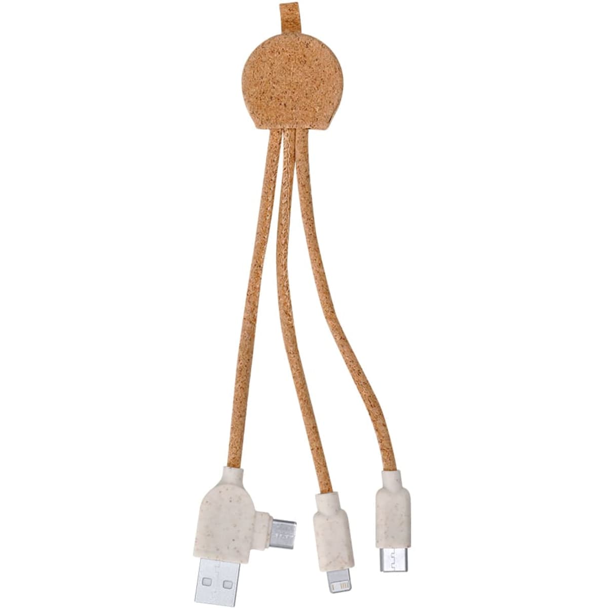 A charging cable with three connectors: USB, Micro USB, and Lightning. The cable is brown with a cork-like finish.