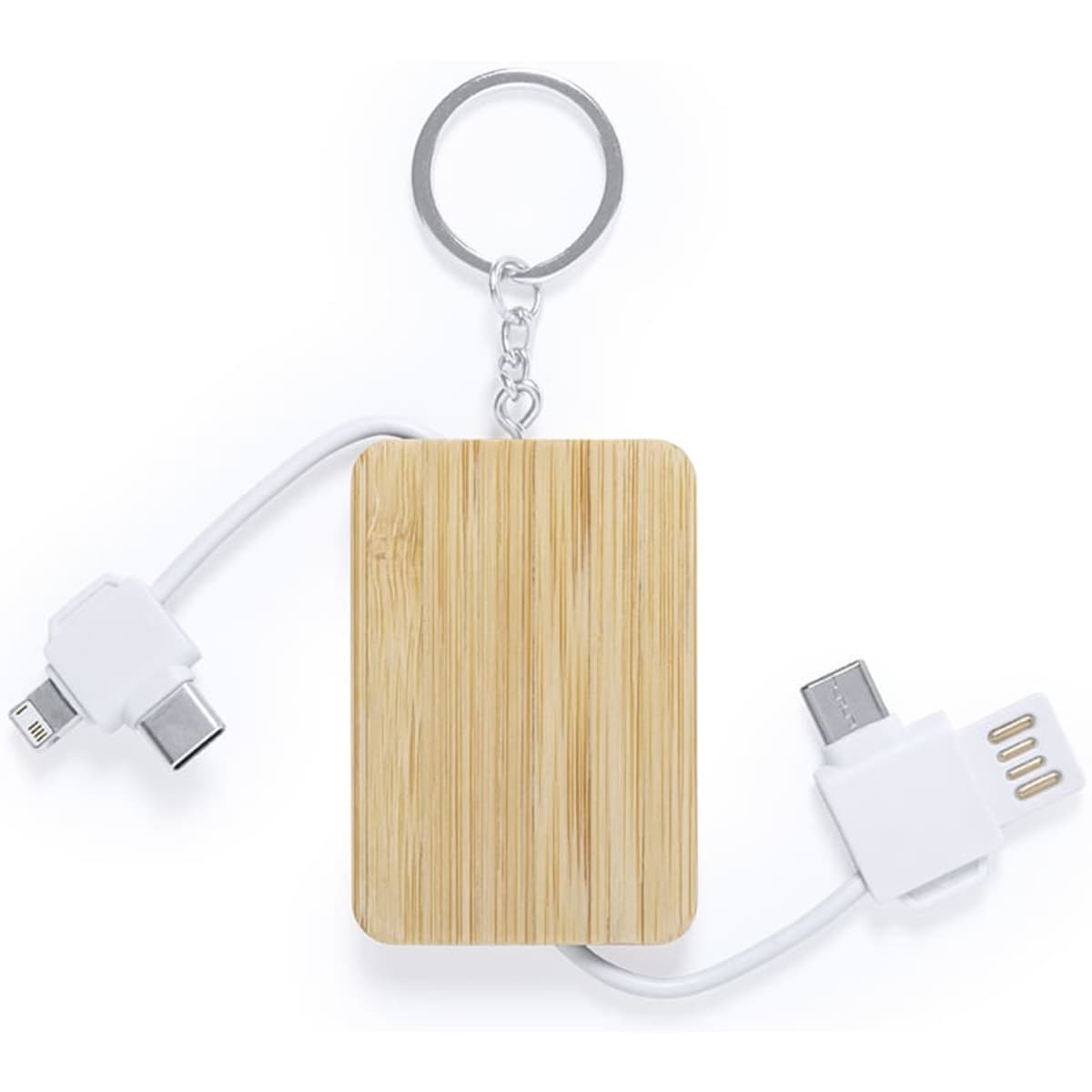 A keychain charging cable with a bamboo design and white connectors for various devices.