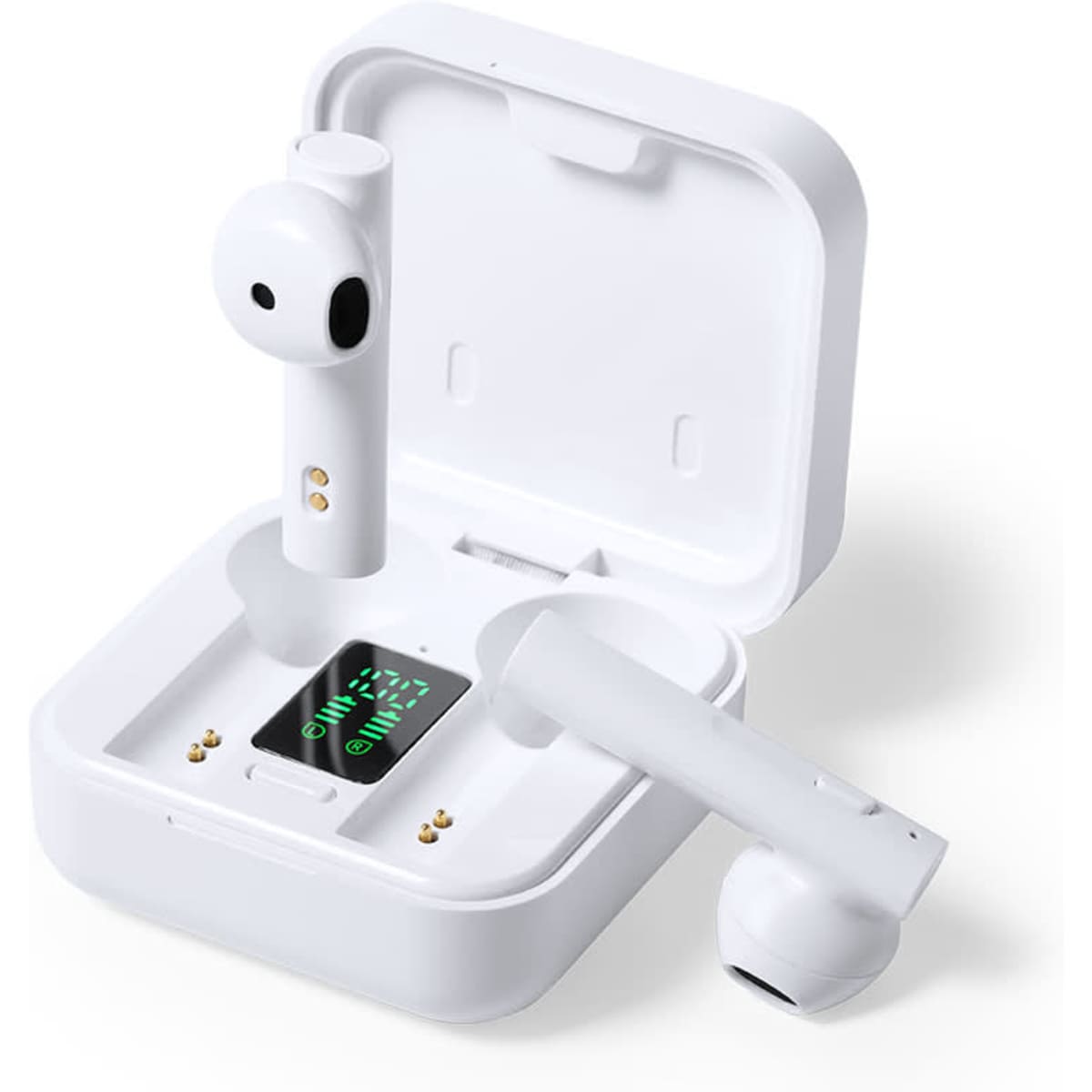 White earbuds in a charging case with a digital display, featuring a compact design and a sleek appearance.