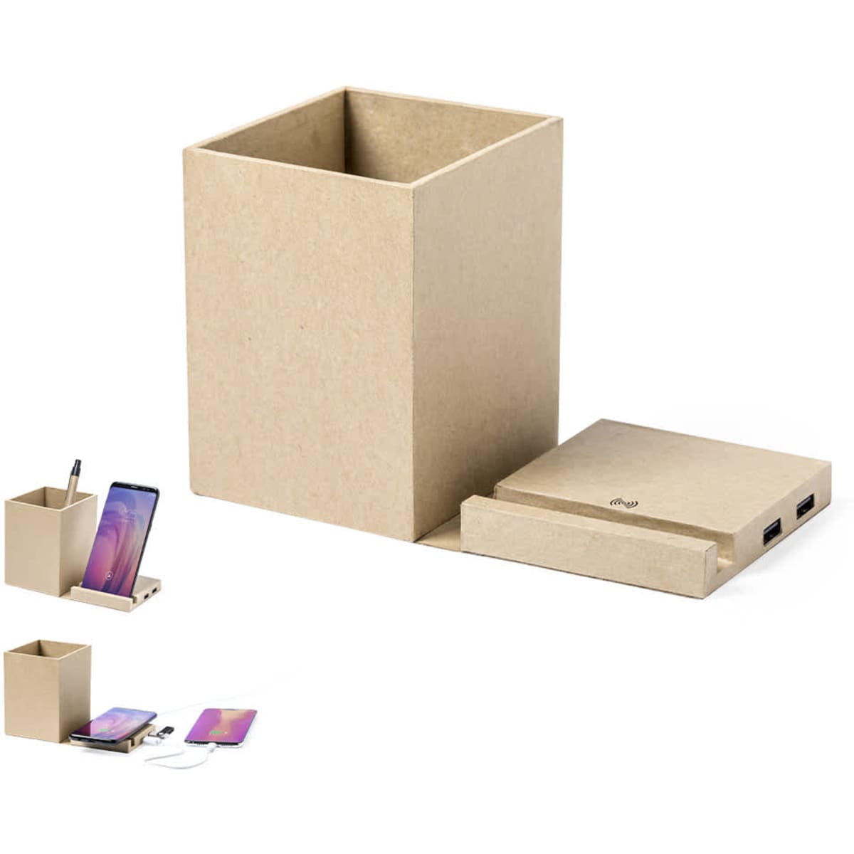 A brown, eco-friendly charging dock with a square holder for pencils and a phone. It has multiple charging ports.