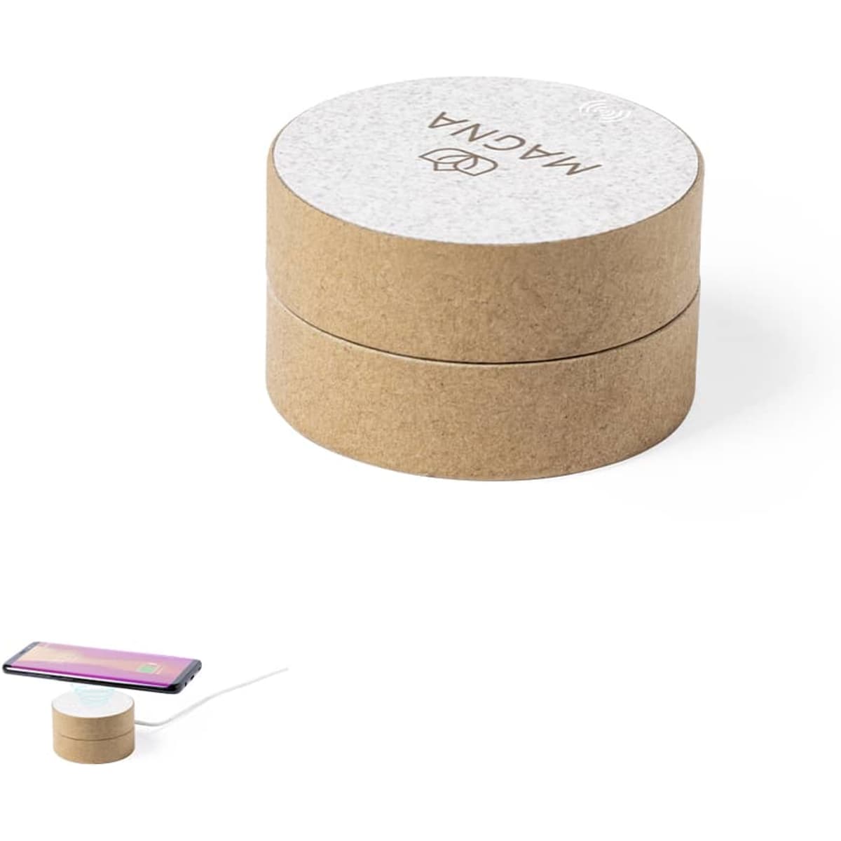 A wireless charger in a round, brown cardboard casing, with a white top and a small phone charging beside it.