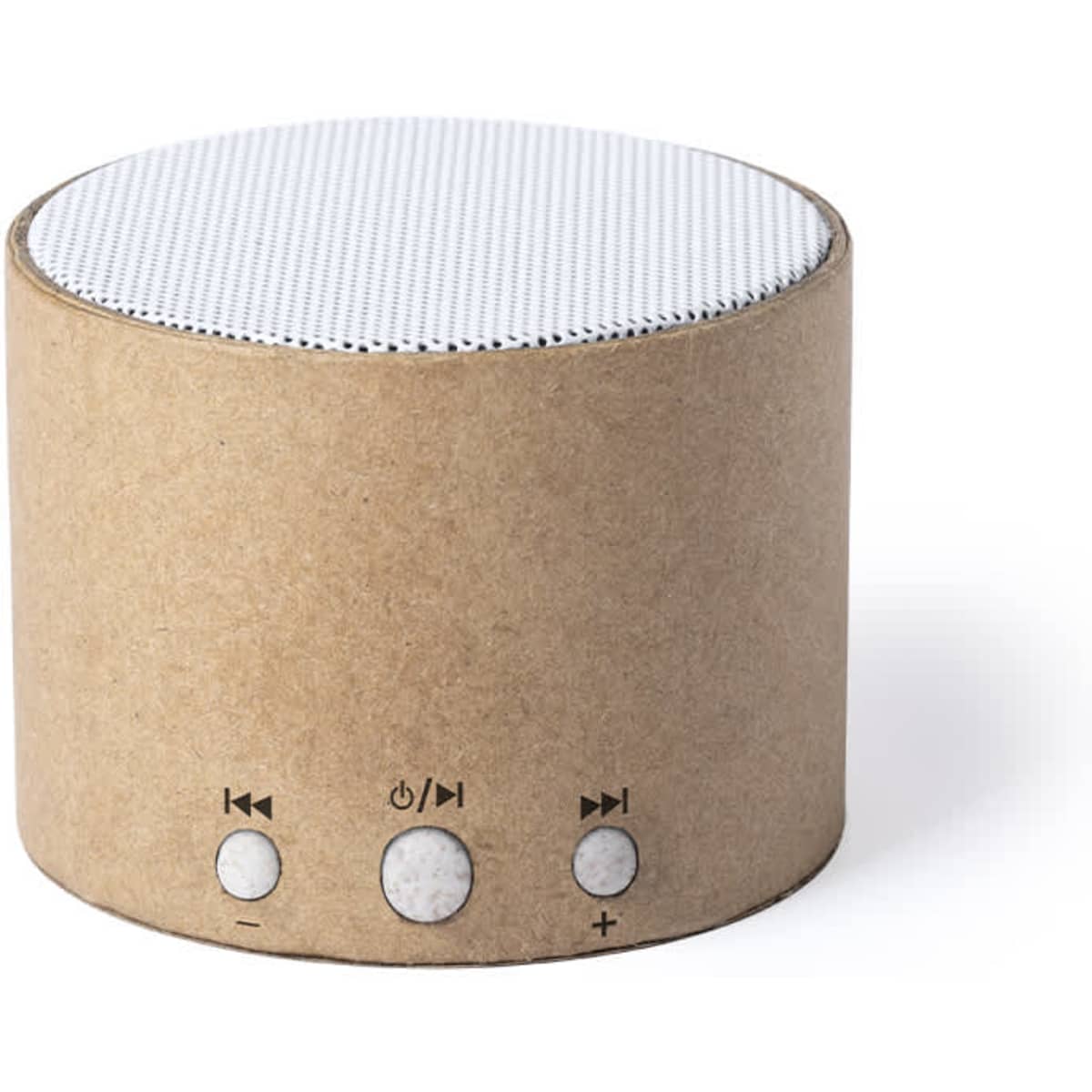 A round, brown Bluetooth speaker with a white mesh top and simple control buttons on the front.