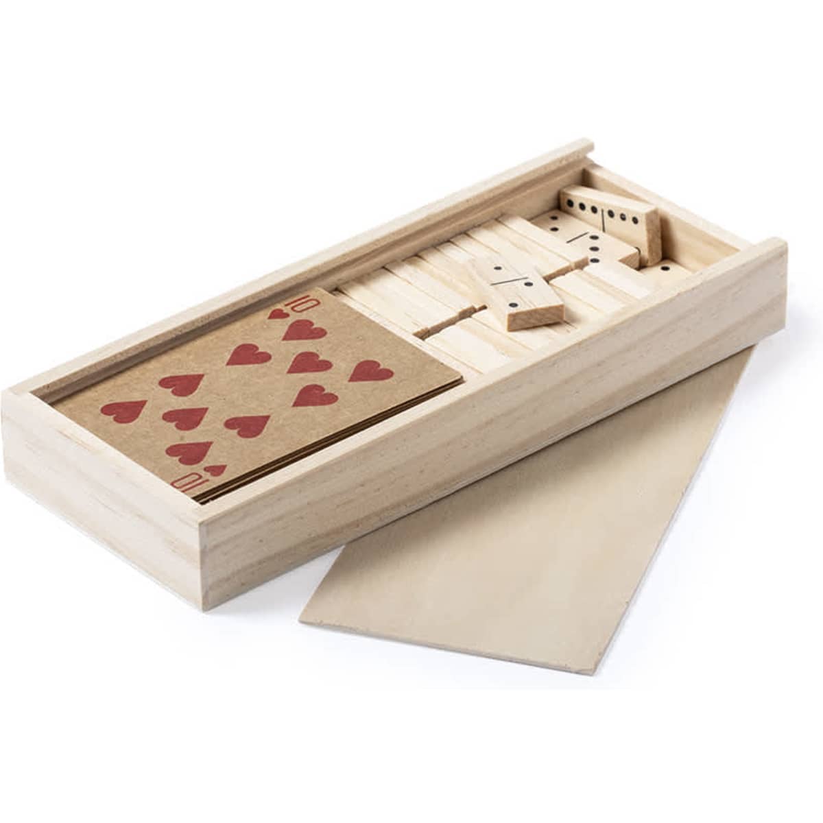 A wooden game box containing playing cards, dominoes, and wooden pieces in various shapes.