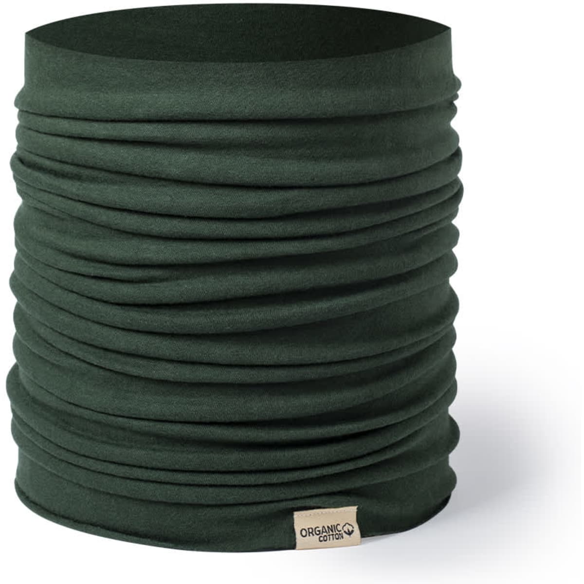 A green scarf made from organic cotton, featuring a textured, multi-layered design and a small logo tag.