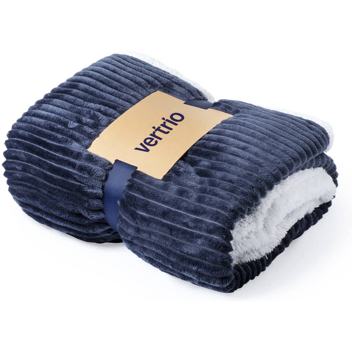 A navy blue Karovix Blanket with a soft white interior, neatly bundled with a band featuring branding.