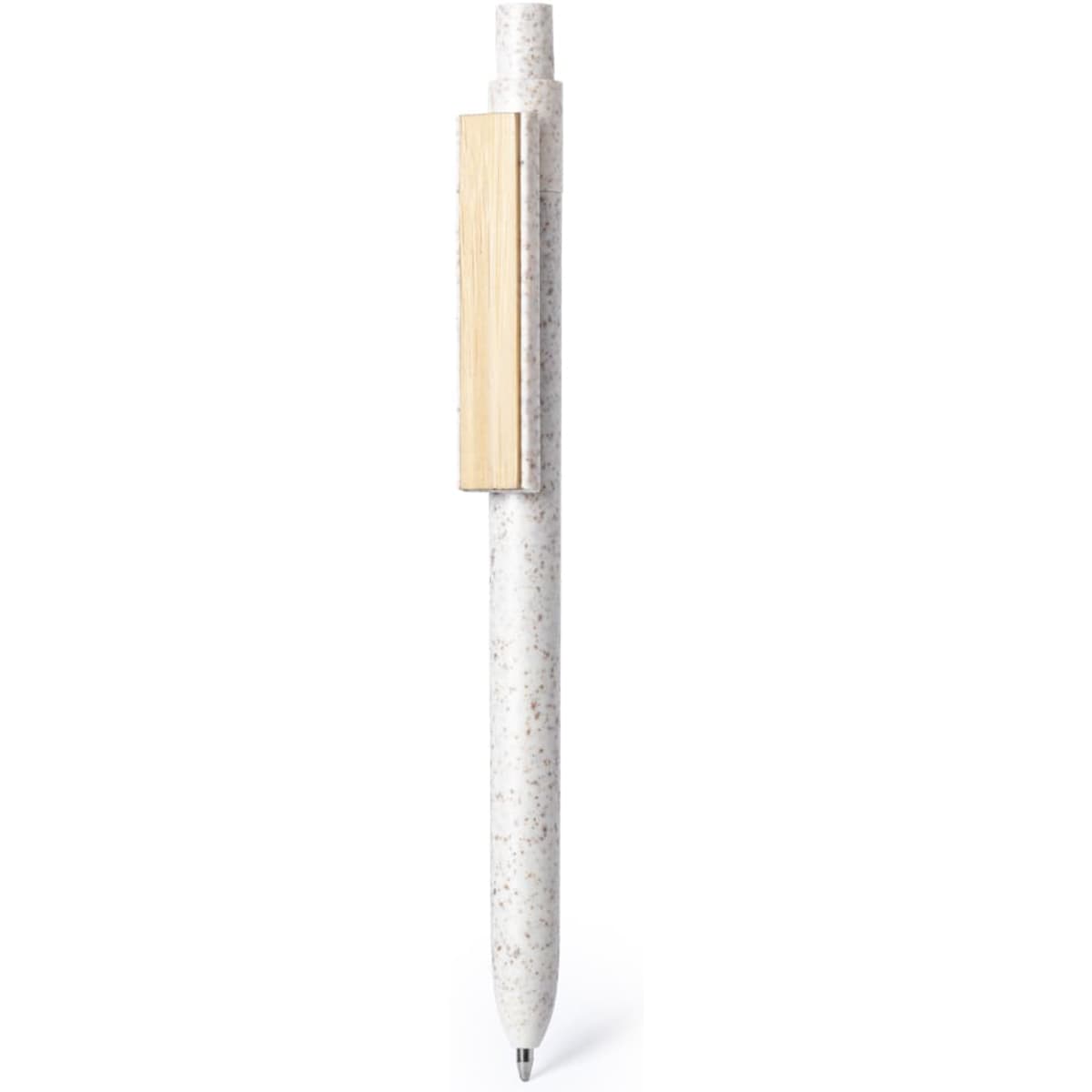 A wooden pen with a textured white barrel and a natural wood clip. It features a sleek design and minimal branding.