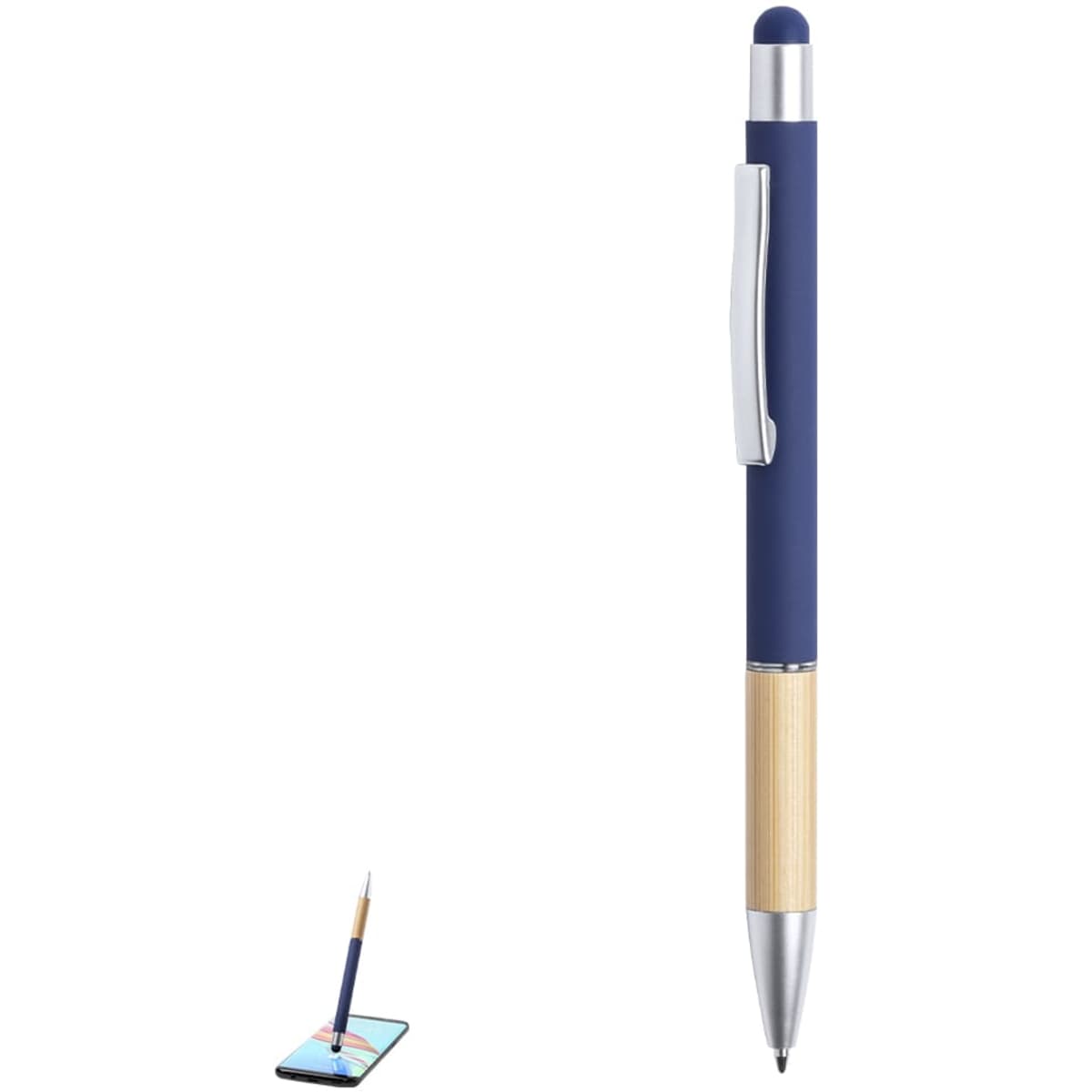 A blue ballpoint pen with a bamboo barrel and a stylus tip, featuring a clip and a logo.
