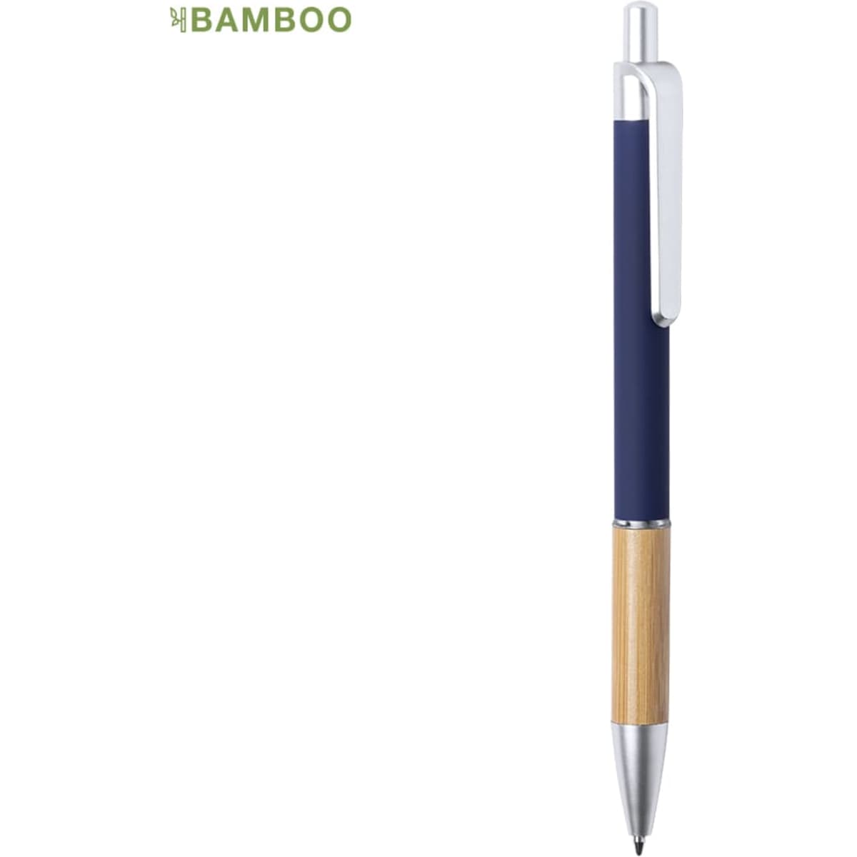 A metal pen with a navy blue barrel and a bamboo grip, featuring a silver clip and accents.